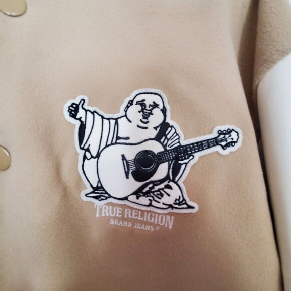 True Religion Buddha Logo Two Tone Varsity Letterman Jacket Men’s XL Leather NWT - Picture 3 of 16